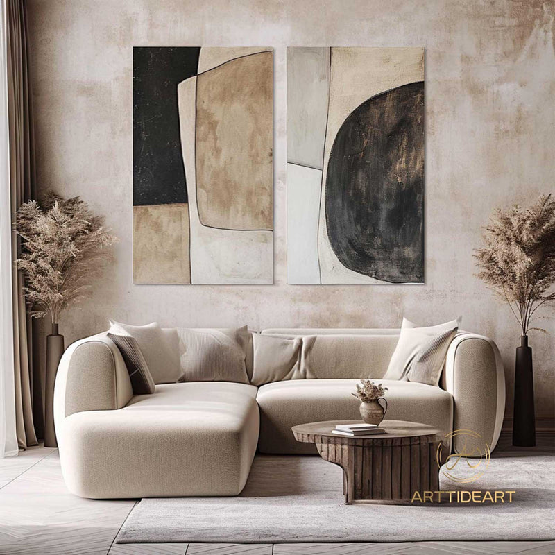 Large Beige Wabi-Sabi Wall Art Beige Black Texture Painting Neutral Minimalist Wall Art Set of 2 Beige Texture Canvas Art Neutral Wall Decor