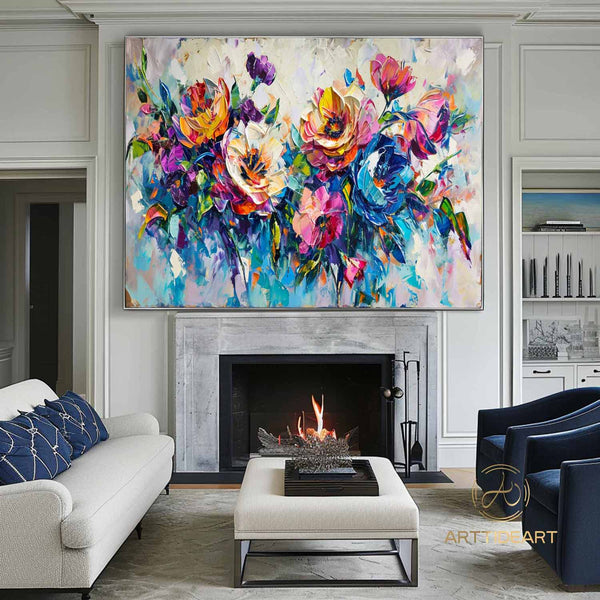 Large Original Colorful flower Canvas Oil Painting,Heavy Textured Palette Knife Wall Decor Impasto Acrylic Floral Painting Living Room Decor