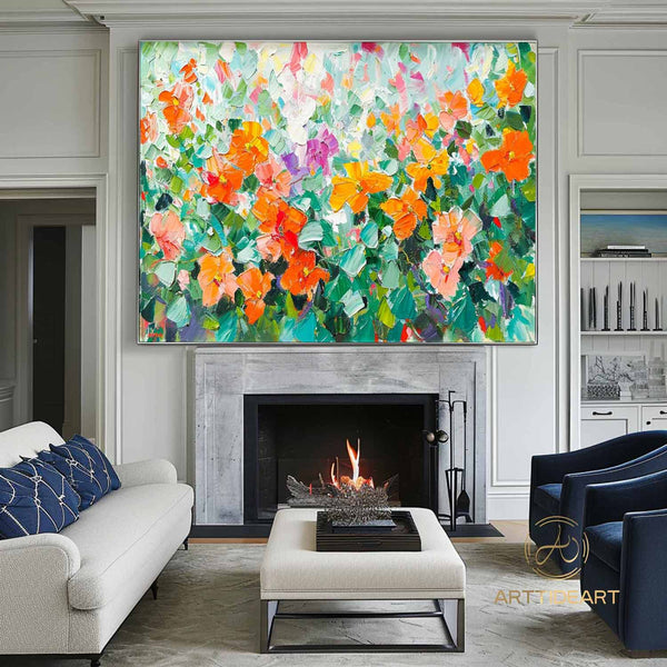 Original Oil Painting On Canvas, Abstract Modern Colorful Flower Painting, Large Wall Art, Boho Wall Décor, Home Decor, Bedroom Wall Decor