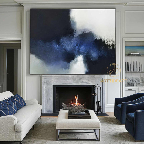 blue abstract painting Blue white Textured Painting large abstract black and white painting office wall decor acrylic painting blue wall art