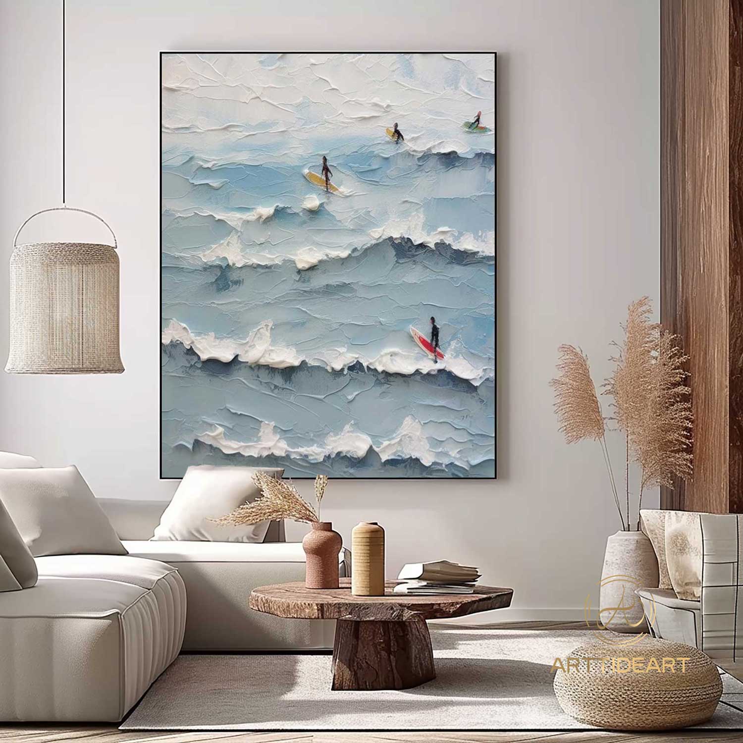 Original Surfer Painting Surfer Surf Board Artwork Large BLue Ocean Wall Art Abstract Beach Landscape Painting Acrylic For Living Room Decor