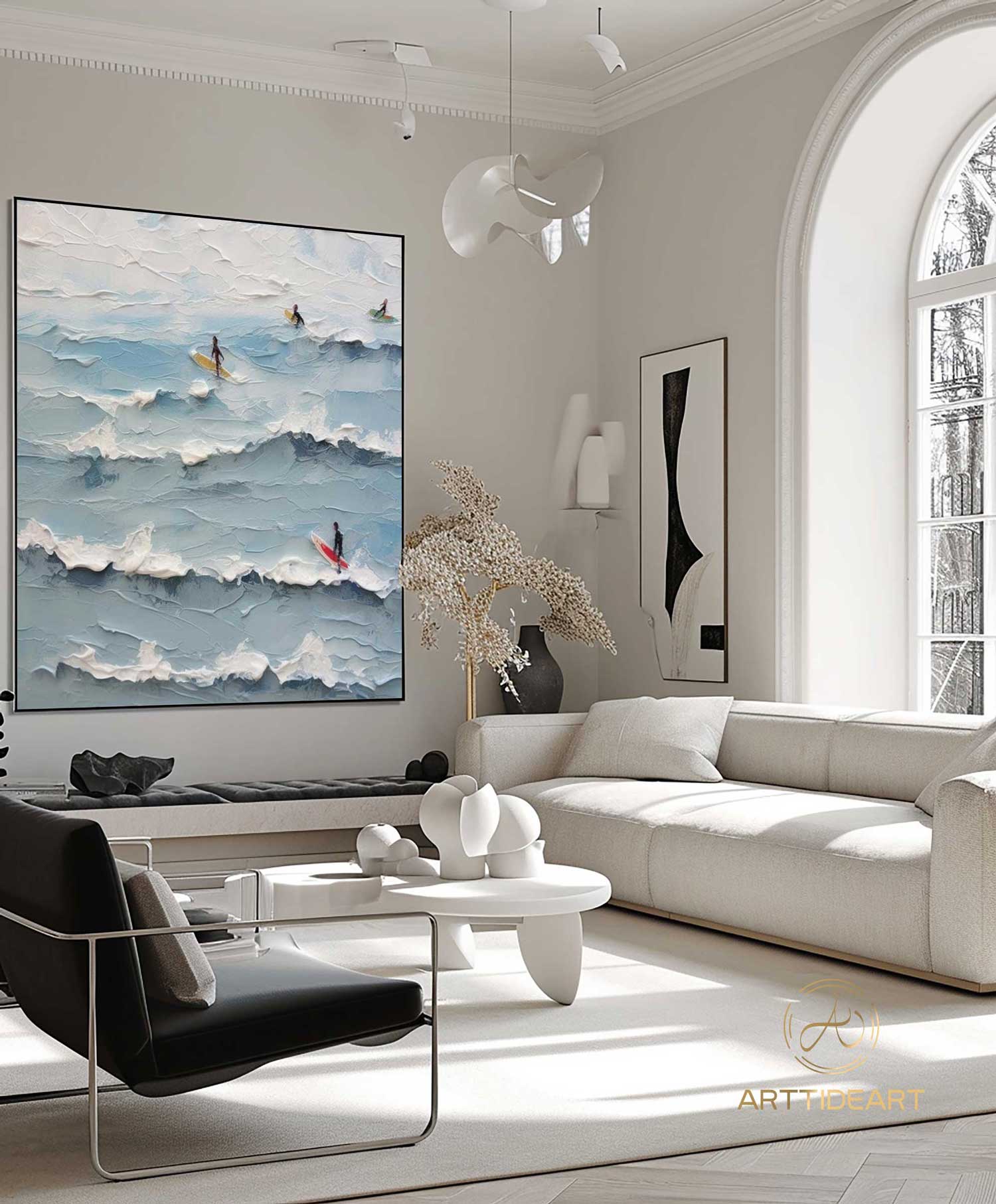 Original Surfer Painting Surfer Surf Board Artwork Large BLue Ocean Wall Art Abstract Beach Landscape Painting Acrylic For Living Room Decor