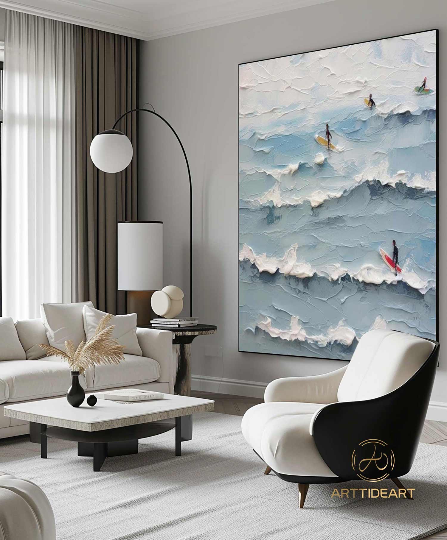 Original Surfer Painting Surfer Surf Board Artwork Large BLue Ocean Wall Art Abstract Beach Landscape Painting Acrylic For Living Room Decor