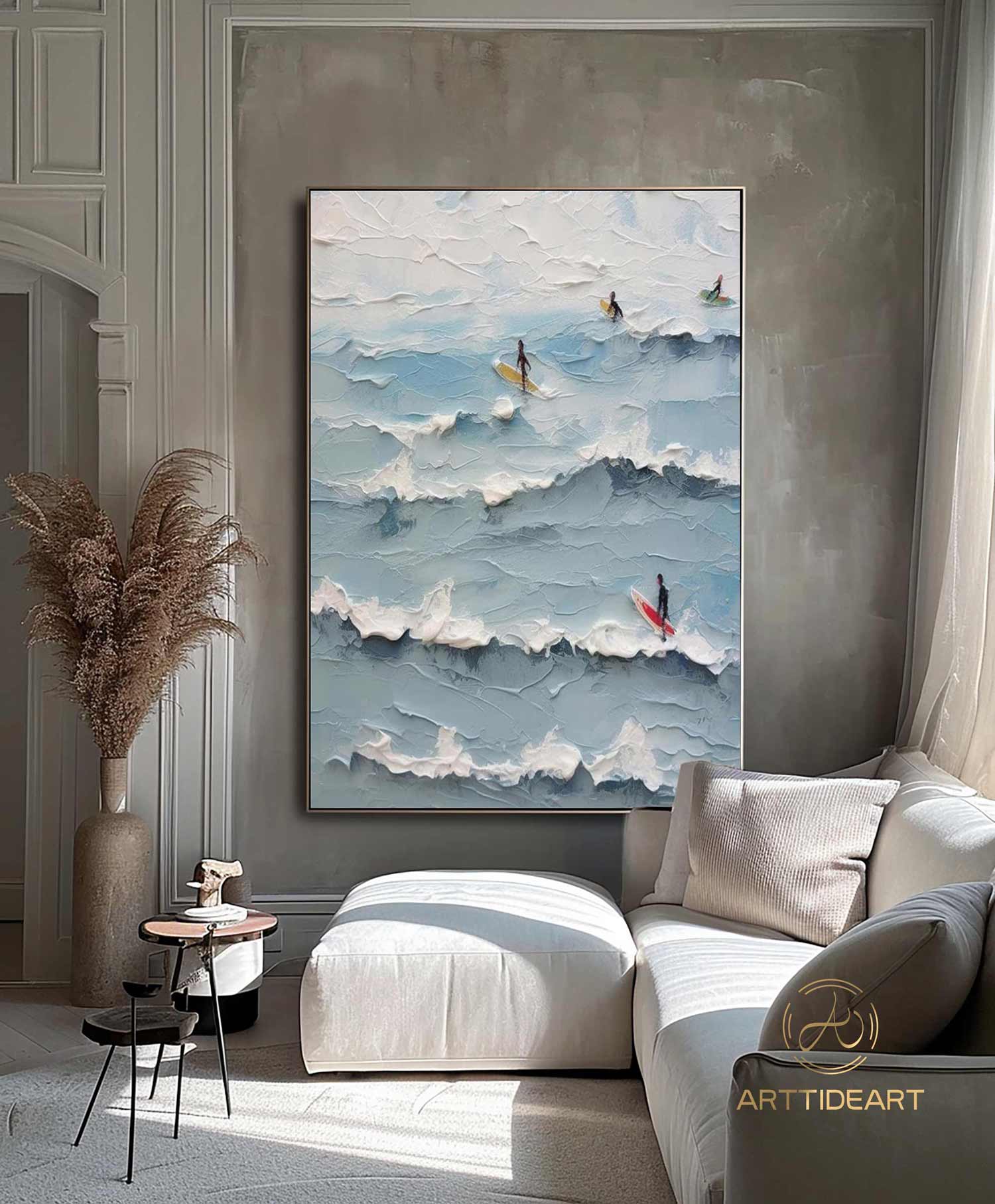 Original Surfer Painting Surfer Surf Board Artwork Large BLue Ocean Wall Art Abstract Beach Landscape Painting Acrylic For Living Room Decor