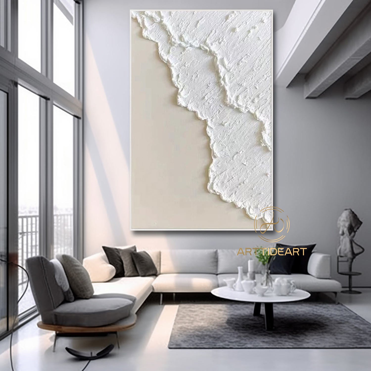 Large Textured Beach Acrylic Painting Framed 3D White Wave Canvas Painting Abstract Ocean Wave Art Coastal Wall Art Beach Pastel Room Decor