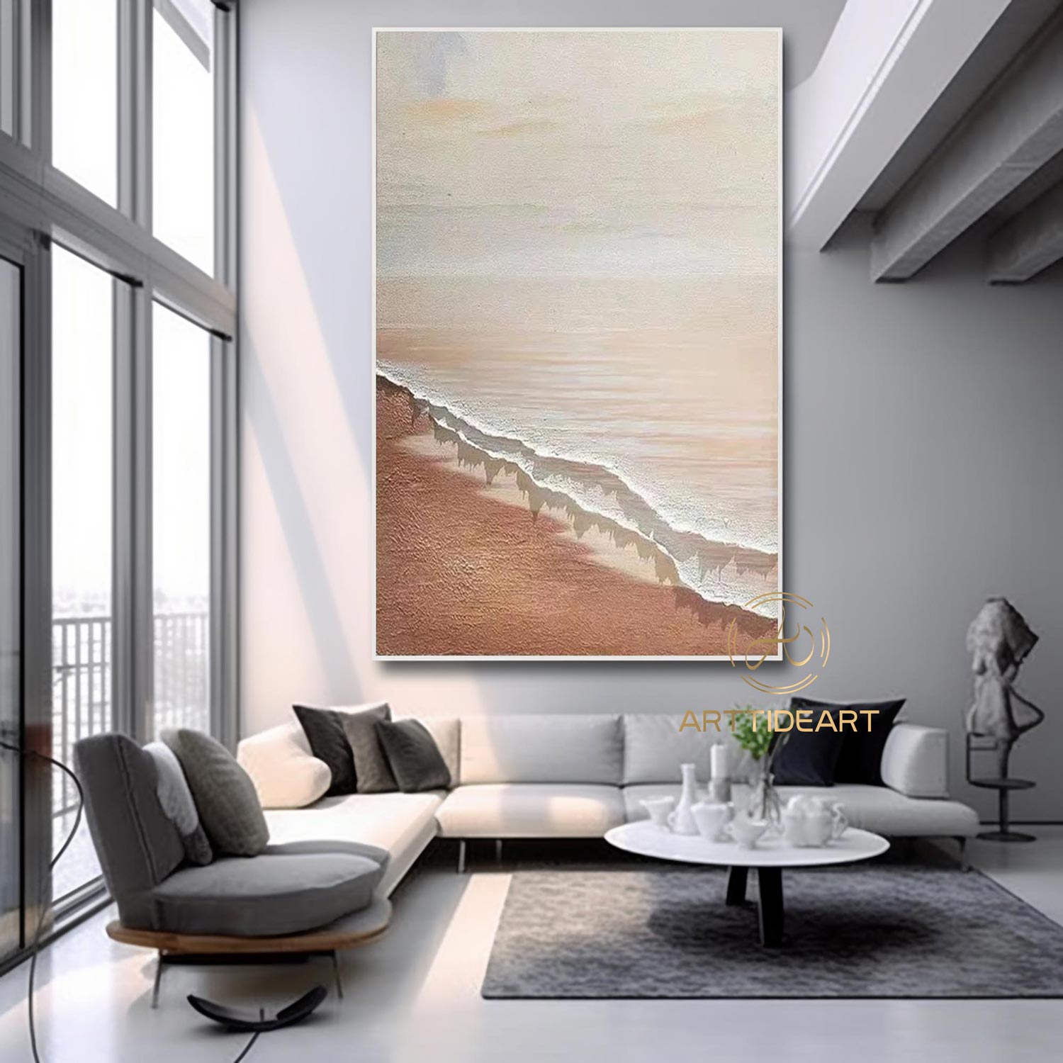 Large 3D Textured Coastal Wall Art Wave Acrylic Painting Framed Brown Beach Wall Art Abstract Sea Wall Art Ocean Canvas Painting Wall Decor