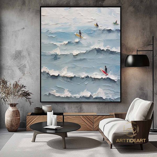 Original Surfer Painting Surfer Surf Board Artwork Large BLue Ocean Wall Art Abstract Beach Landscape Painting Acrylic For Living Room Decor