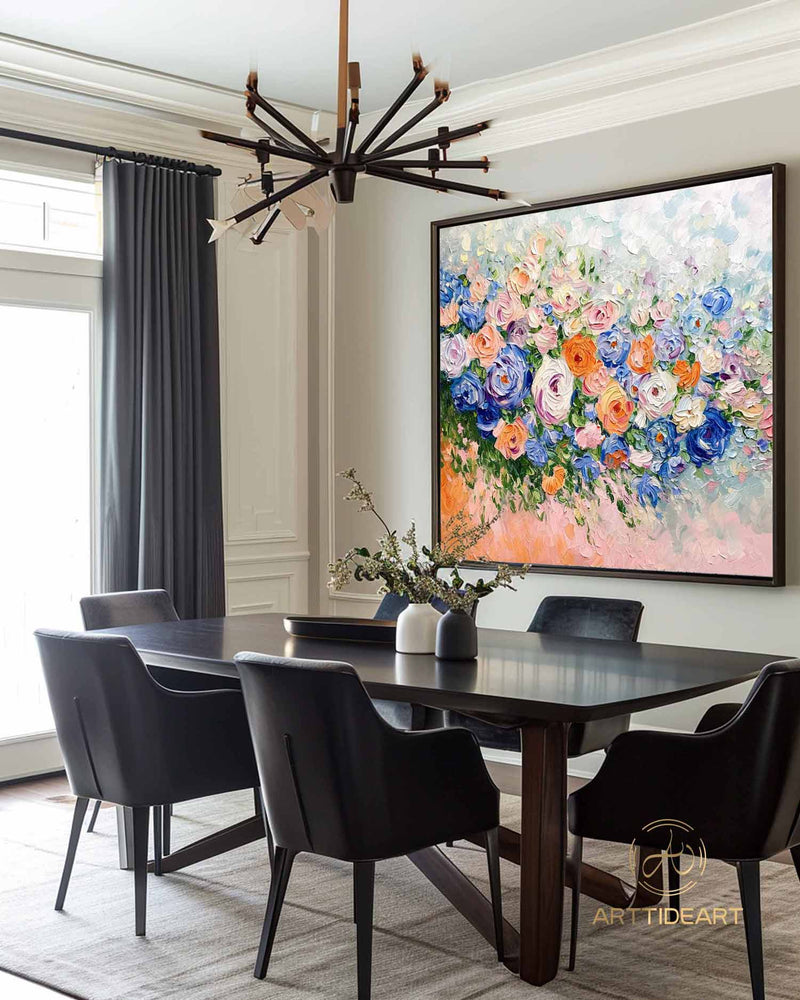 Abstract Flower Oil Painting on Canvas, Large Wall Art, Original Minimalist Pink Floral Art Custom Painting Boho Wall Decor Living Room