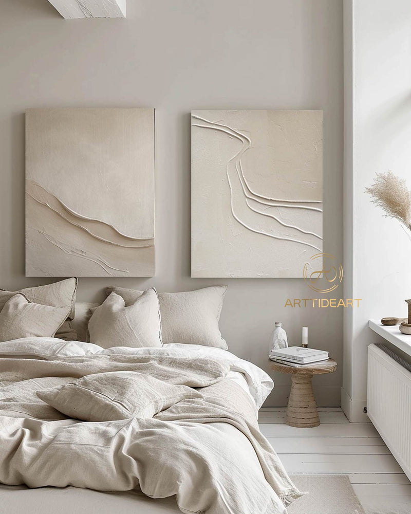 Set of 2 large pure beige white wall art 2 piece beige painting on canvas 3d textured wall art beige canvas art 2 set beige minimal art