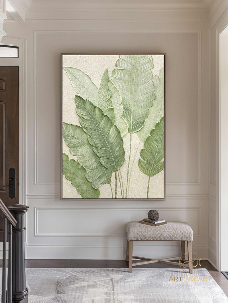 Large Green Leaf Textured Painting on Canvas Green Minimalist Wall Art Leaf Landscape Painting Green Minimalist Painting Boho Wall Art Decor