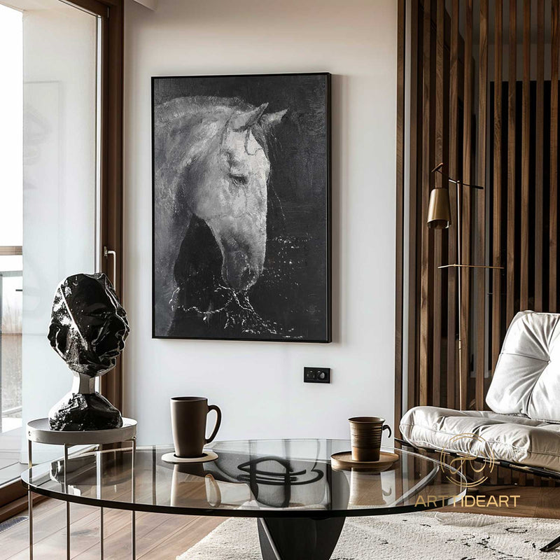 White & Black Horse Oil Painting,Horse Painting Original,Animal oil art,Acrylic Abstract Oil Painting,Wall Decor Living Room,Office Wall Art