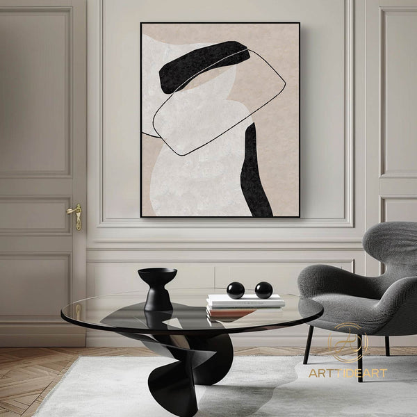 Large Milimalist Abstract Painting,Black White Beige Minimalist Painting On Canvas,Textured Painting Abstract Art, Modern Living Room Decor