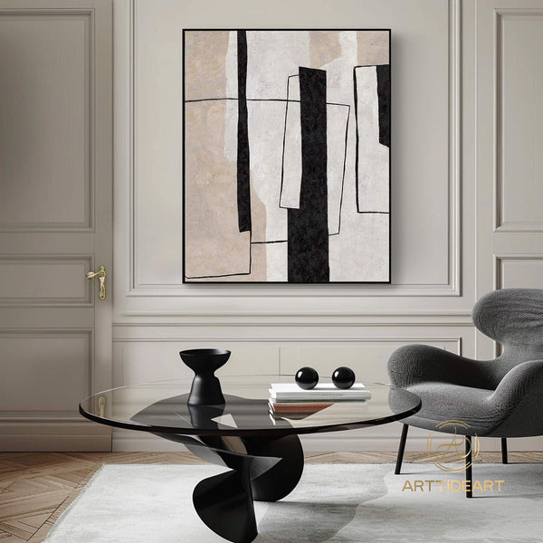 Large Milimalist Abstract Painting,Beige White Minimalist Painting On Canvas,Textured Painting Abstract Art,black and white abstract art