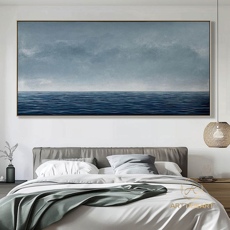 Blue Ocean Wave Landscape Oil Painting on Canvas, Large Abstract Custom Original Sea Beach Acrylic Painting Living Room Wall Art Home Decor