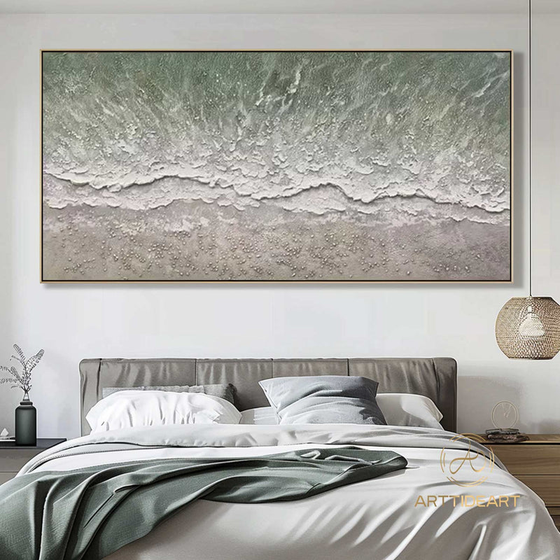 Large 3D Textured Coastal Wall Art Framed Green Beach Painting Ocean Acrylic Painting Abstract Sea Wall Art Beach Canvas Painting Wall Decor