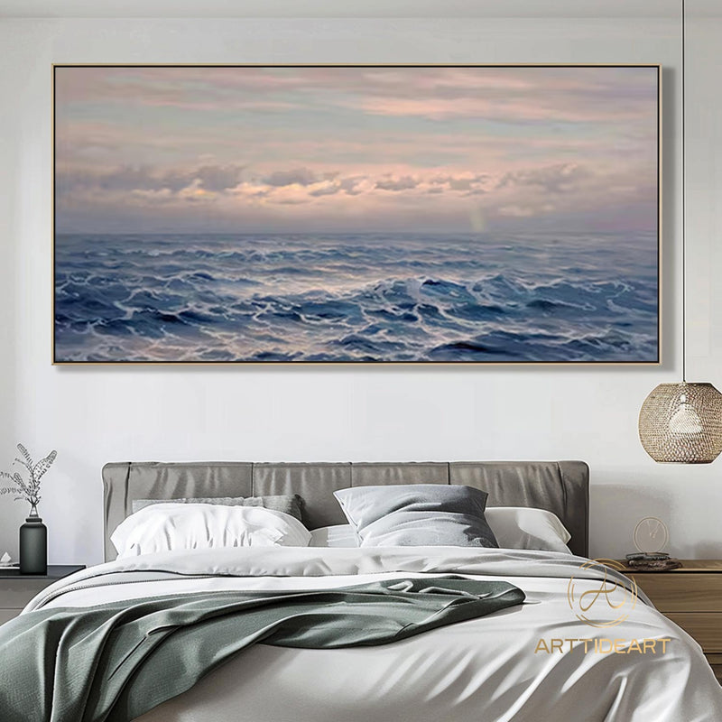 Sea Canvas Oil Painting, Holiday Seascape Texture Art, Blue Sky Cloud Mural Ocean Living Room Decor Painting sunset painting Custom Painting