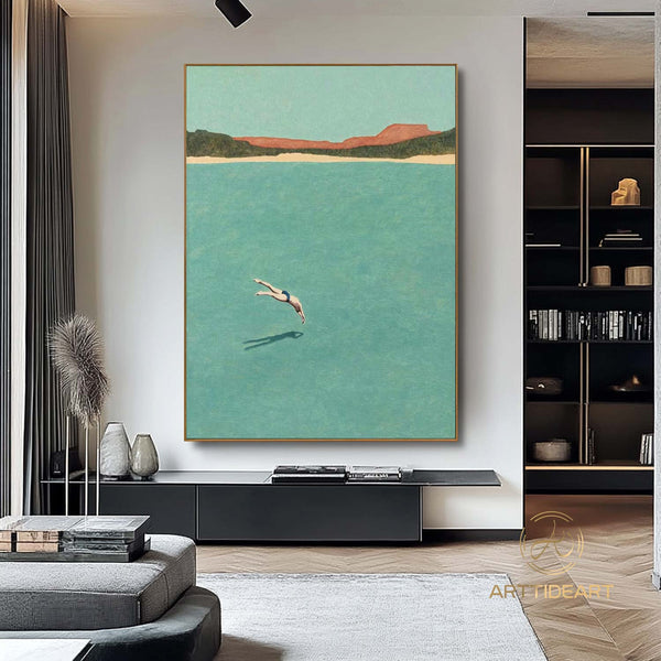 A man diving into the sea green ocean painting vintage retro painting green minimalist painting landscape painting holiday style wall art