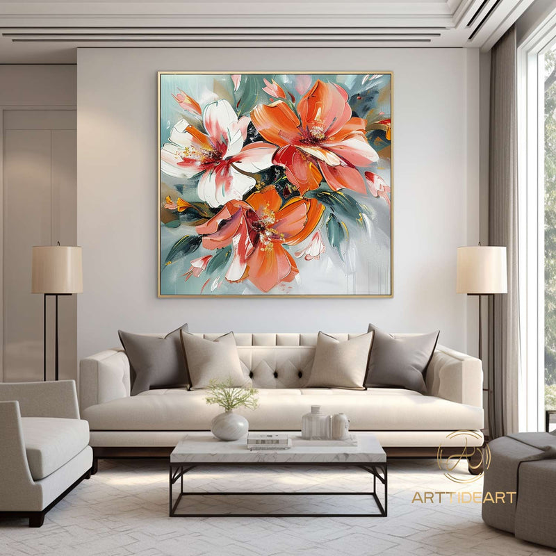 Abstract Orange Flower Oil Painting On Canvas Colorful Flower Textured Art Flower Minimalist Art Modern Living Room Decor Wall Art