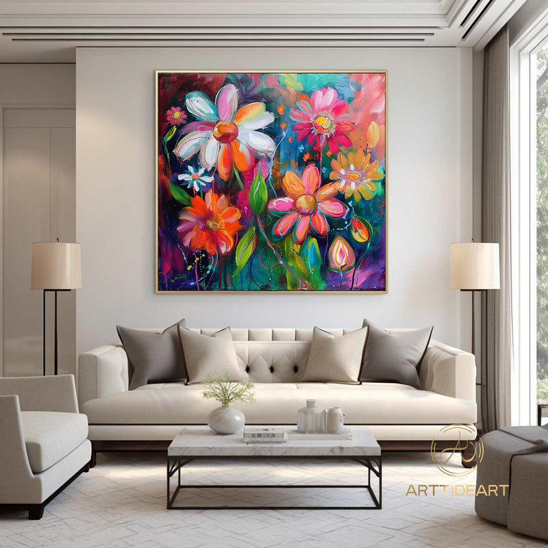 Colorful Flower Oil Painting on Canvas,Large Wall Art Abstract Original Pink Floral Landscape Art Custom Painting Modern Living Room Decor