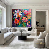 Colorful Flower Oil Painting on Canvas,Large Wall Art Abstract Original Pink Floral Landscape Art Custom Painting Modern Living Room Decor