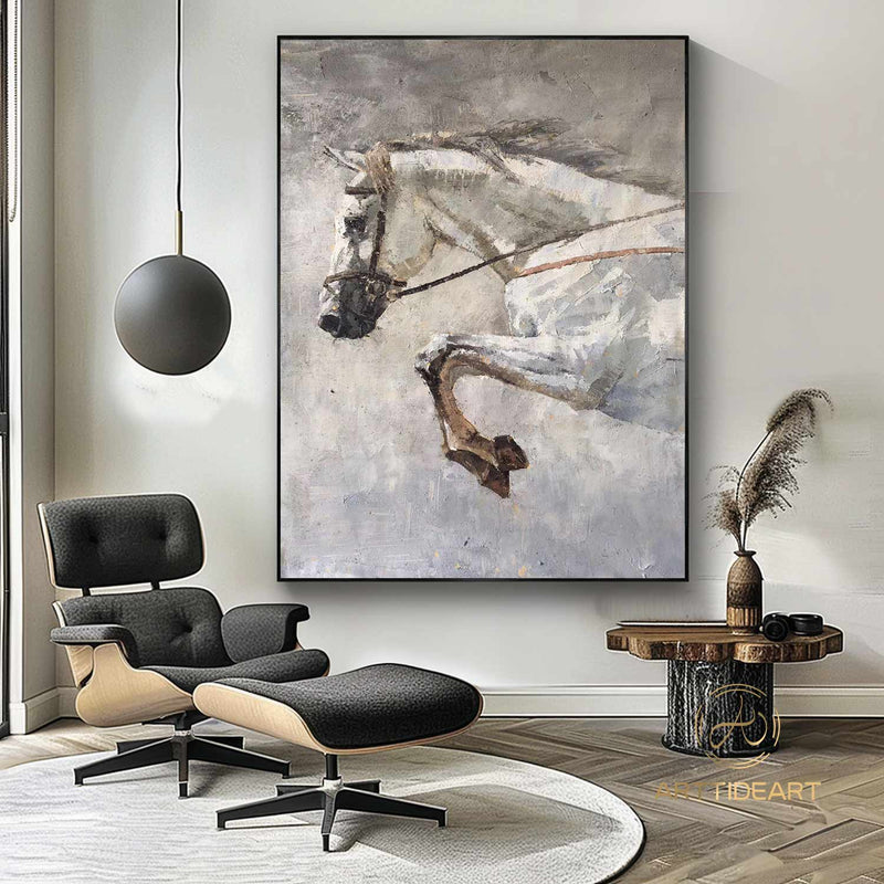 Original Rice White Horse Painting,Horse Portrait Canvas Art,Horse Decor Painting,Horse Wall Art,Large Animal Art,Large Canvas Horse Art