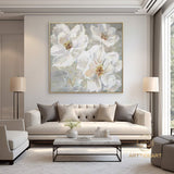 Large Abstract Flower Oil Painting on Canvas Wall Art,Original Textured Floral Wall Art White Painting Modern Wall Decor Living Room Art