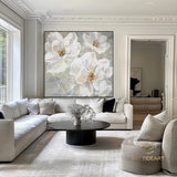 Large Abstract Flower Oil Painting on Canvas Wall Art,Original Textured Floral Wall Art White Painting Modern Wall Decor Living Room Art