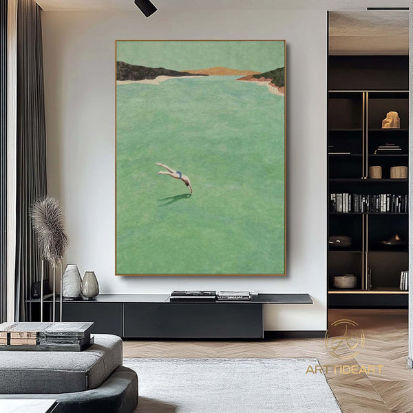 A man diving into the sea green ocean painting vintage retro painting green minimalist painting landscape painting holiday style wall art