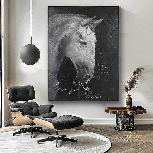 White & Black Horse Oil Painting,Horse Painting Original,Animal oil art,Acrylic Abstract Oil Painting,Wall Decor Living Room,Office Wall Art