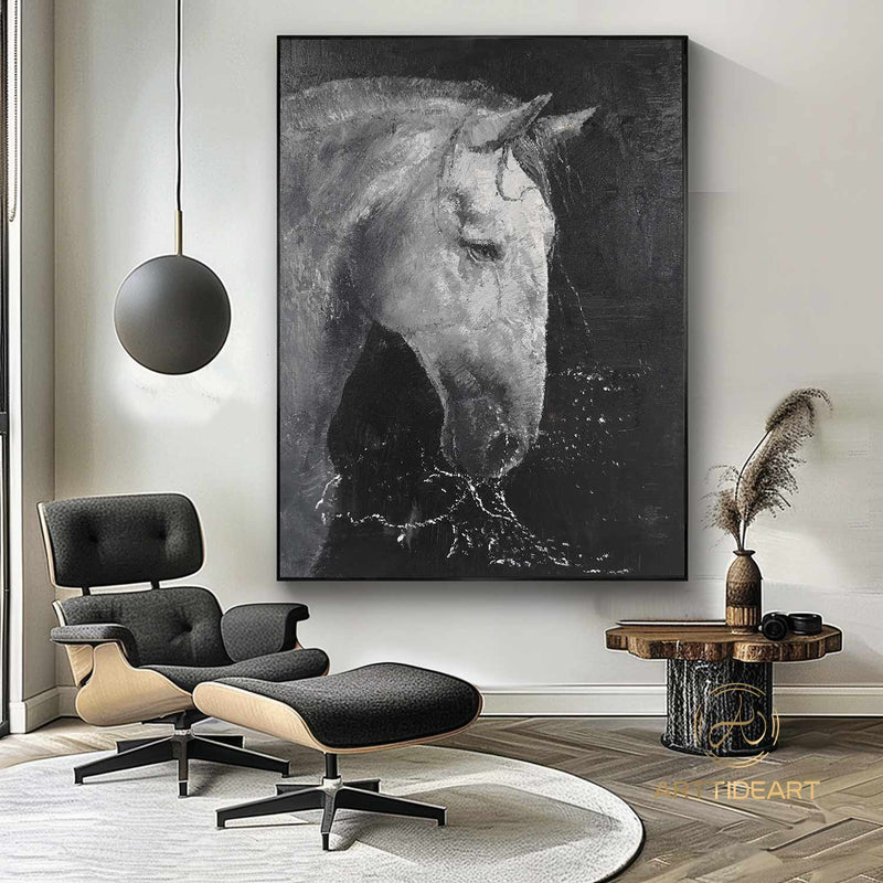 White & Black Horse Oil Painting,Horse Painting Original,Animal oil art,Acrylic Abstract Oil Painting,Wall Decor Living Room,Office Wall Art