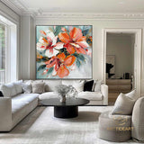 Abstract Orange Flower Oil Painting On Canvas Colorful Flower Textured Art Flower Minimalist Art Modern Living Room Decor Wall Art