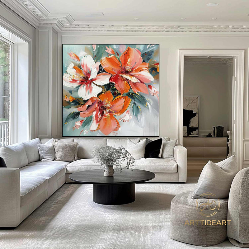 Abstract Orange Flower Oil Painting On Canvas Colorful Flower Textured Art Flower Minimalist Art Modern Living Room Decor Wall Art