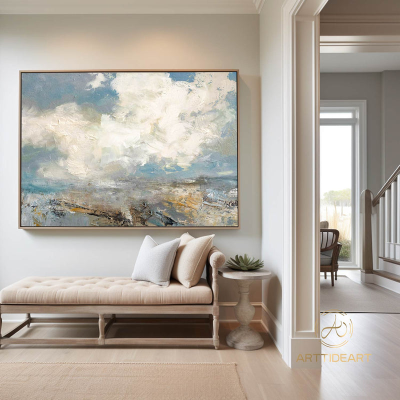 Extra Large Abstract White Cloud Painting,Blue Sky Art Original Seaside Landscape Painting Sky And Sea Art canvas painting for living room