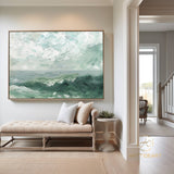 Large Sky And Sea Painting White Cloud Minimalist Painting Green Landscape Abstract painting Ocean Abstract Painting Living Room Wall Art