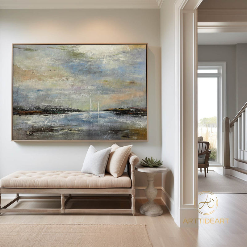 Original Seaside Landscape Art,Marine Landscape Painting Coastal Beach Art,Abstract Beach Decor Art,Large Seaside Canvas Art,Sunset Sea View