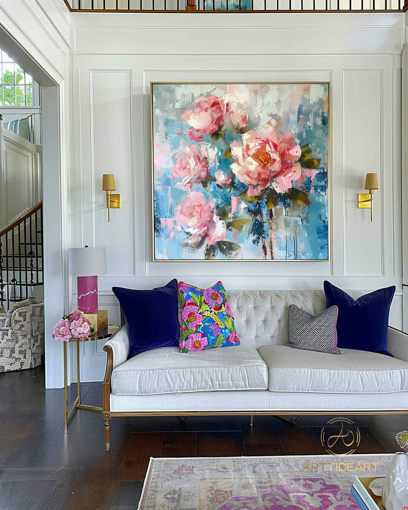 Original Roses Oil Painting On Canvas, Abstract Pink Flowers Painting, Large Wall Art, Custom Painting, Living room Wall Decor, Home Decor