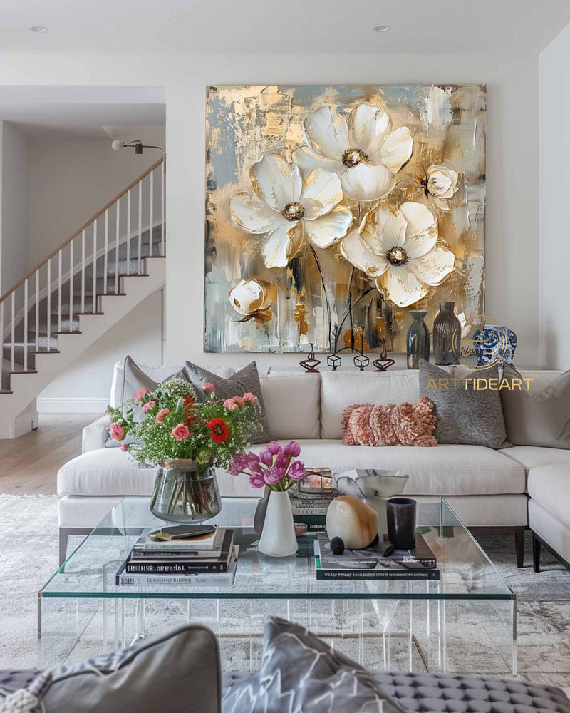 Large Original Gold Flower Oil Painting On Canvas, Canvas Wall Art, Abstract White Floral Painting,Custom Painting, Modern Living Room Decor