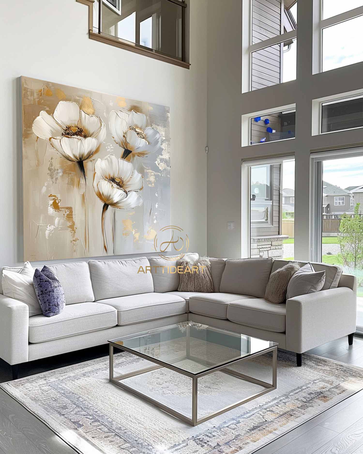 Large Original Flower Oil Painting On Canvas, Gold Wall Decor, Abstract Texture Floral Painting,Custom Painting, Modern Living Room Decor