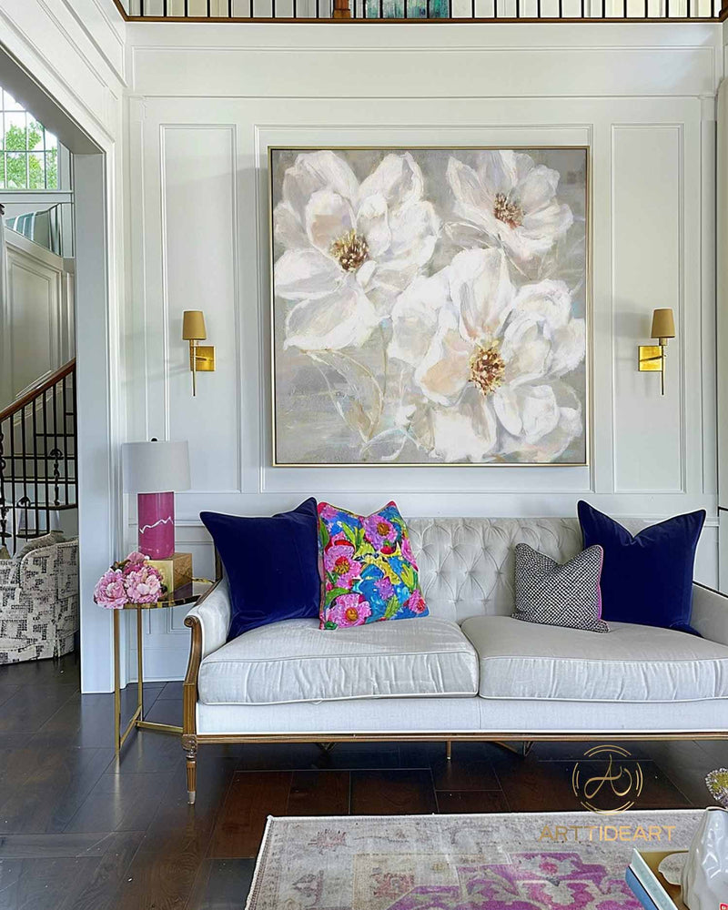 Large Abstract Flower Oil Painting on Canvas Wall Art,Original Textured Floral Wall Art White Painting Modern Wall Decor Living Room Art