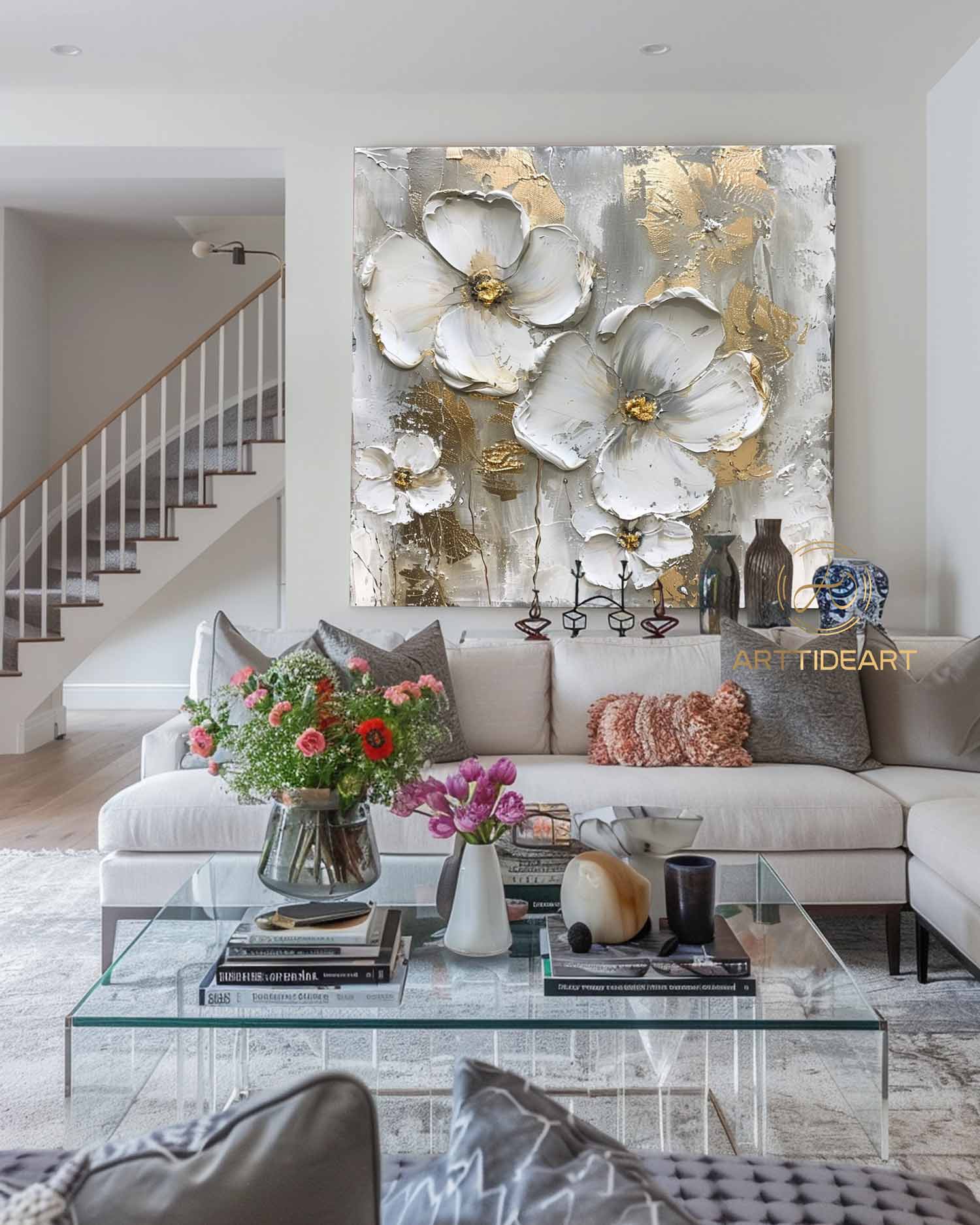 Large Flower Oil Painting on Canvas, Original Abstract Floral Painting, Minimalist Wall Art, Custom Painting, Modern Living Room Decor Gift