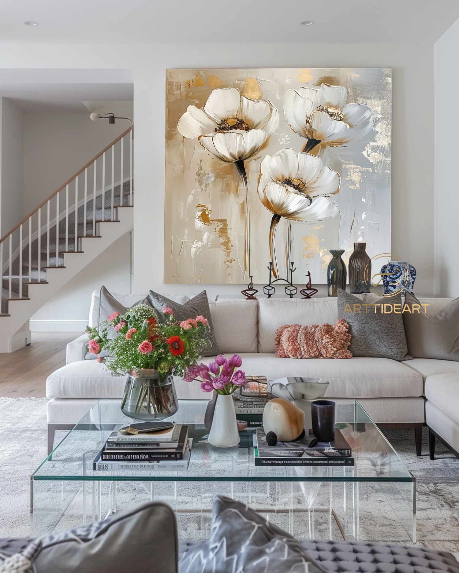 Large Original Flower Oil Painting On Canvas, Gold Wall Decor, Abstract Texture Floral Painting,Custom Painting, Modern Living Room Decor