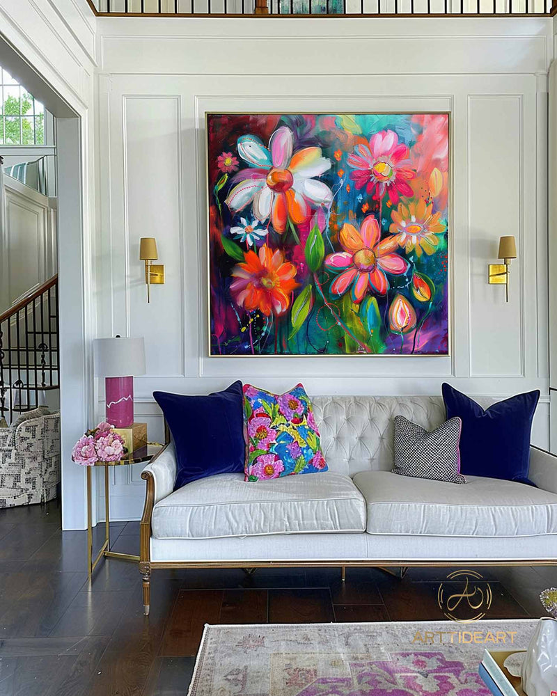 Colorful Flower Oil Painting on Canvas,Large Wall Art Abstract Original Pink Floral Landscape Art Custom Painting Modern Living Room Decor