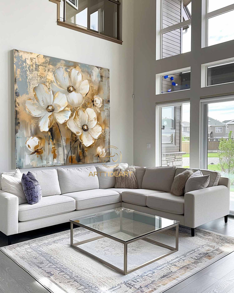 Large Original Gold Flower Oil Painting On Canvas, Canvas Wall Art, Abstract White Floral Painting,Custom Painting, Modern Living Room Decor