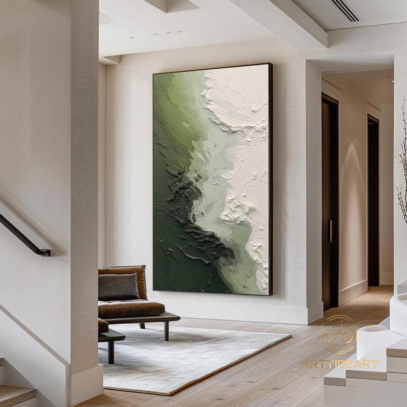 3D Green Minimalist Beach Painting Textured Wall Art Ocean Wave Painting on Canvas Wabi-Sabi Wall Art Living Room Painting Fashion Decor