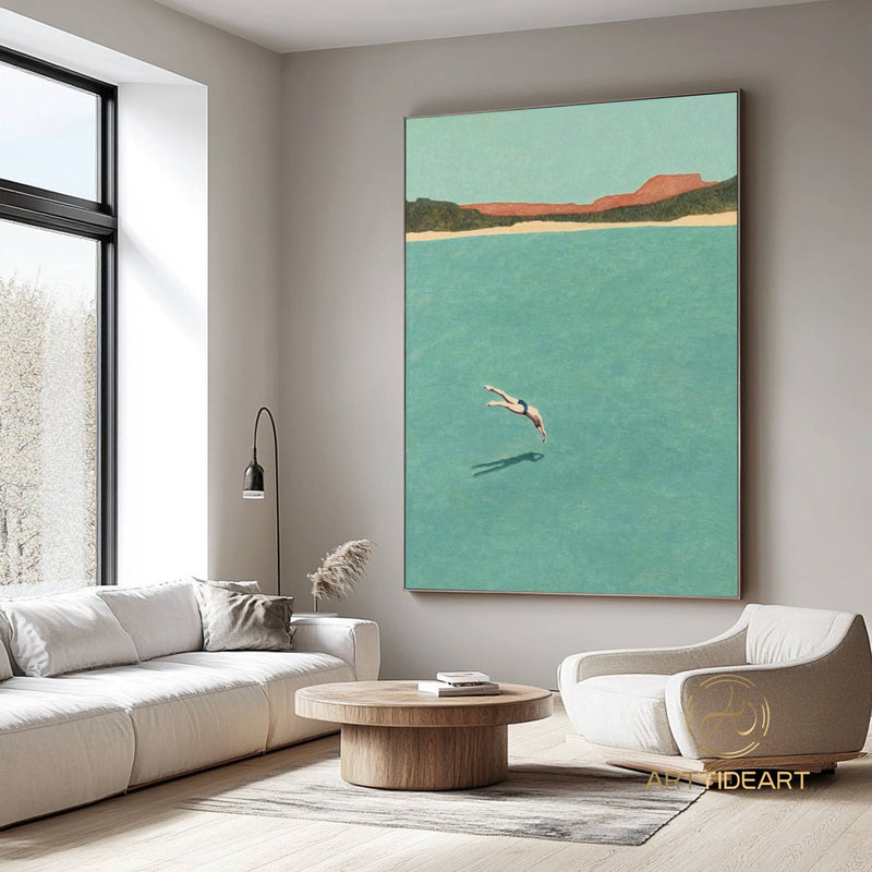 A man diving into the sea green ocean painting vintage retro painting green minimalist painting landscape painting holiday style wall art