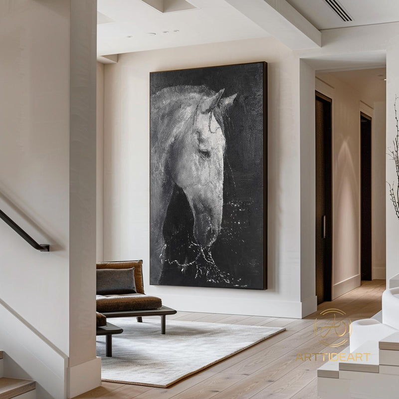 White & Black Horse Oil Painting,Horse Painting Original,Animal oil art,Acrylic Abstract Oil Painting,Wall Decor Living Room,Office Wall Art