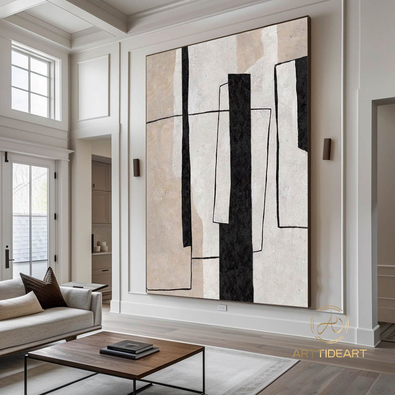 Large Milimalist Abstract Painting,Beige White Minimalist Painting On Canvas,Textured Painting Abstract Art,black and white abstract art