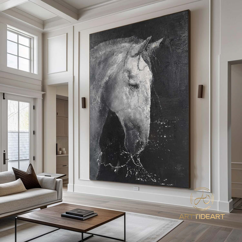 White & Black Horse Oil Painting,Horse Painting Original,Animal oil art,Acrylic Abstract Oil Painting,Wall Decor Living Room,Office Wall Art