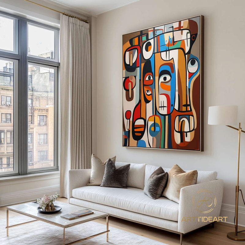 Original Abstract Colorful Cubist Faces Paintings On Canvas Picasso-Inspired Geometric Art Vibrant Modernism Oil Painting Home Wall Decor