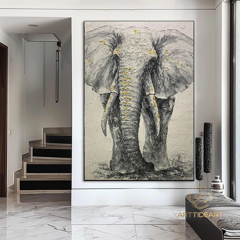 Elephant Original Painting Texture on Canvas, Wabi Sabi Framed Wall Art, POP Art Livingroom Bedroom Decor, Animal Elephant Art Gift For Her